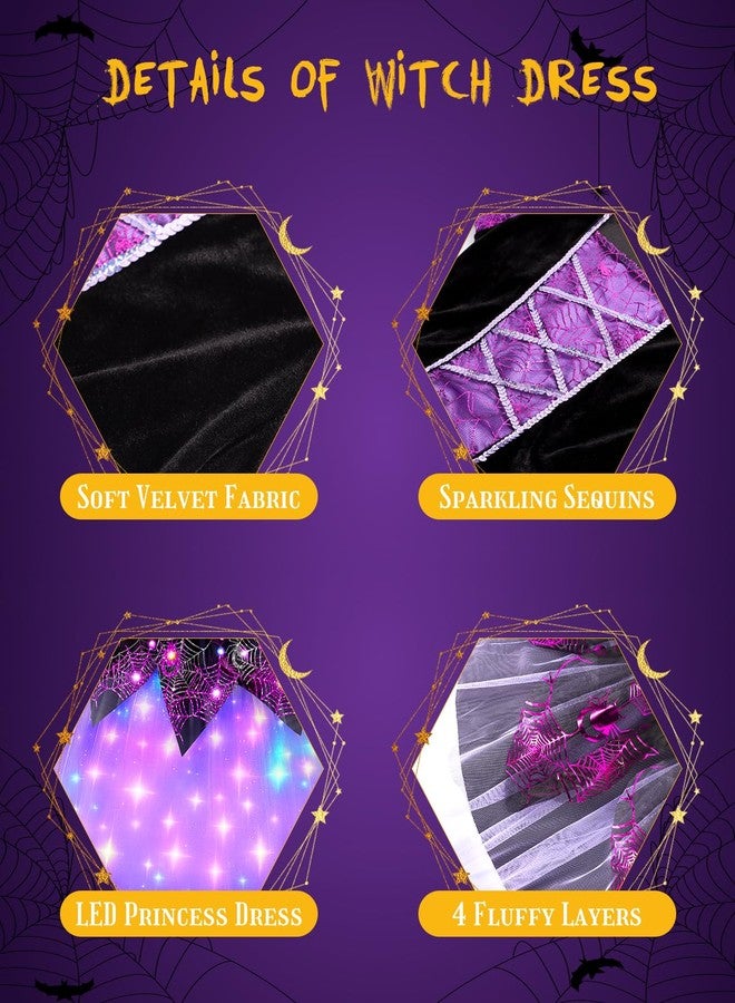 Relaehih Light Up Girls Witch Costume, Kids Witch Costume for girls, with witches Hat and Broom for Toddler, Halloween costume for Dress Party (4-11 Years Old) - Image 4